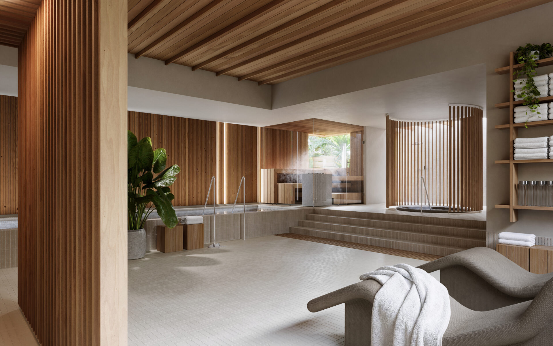 Pieksäwood Haven Sauna -konseptin 3D-visualisointi sauna- ja wellness-ympäristöstä